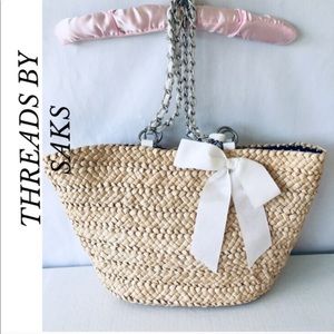 SAKS FIFTH AVE Natural straw long chain straps bag